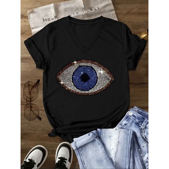 Women's T-Shirt 2D Print Evil Eye No Reinstones Short Sleeve Medium Size - Picture 2 of 13